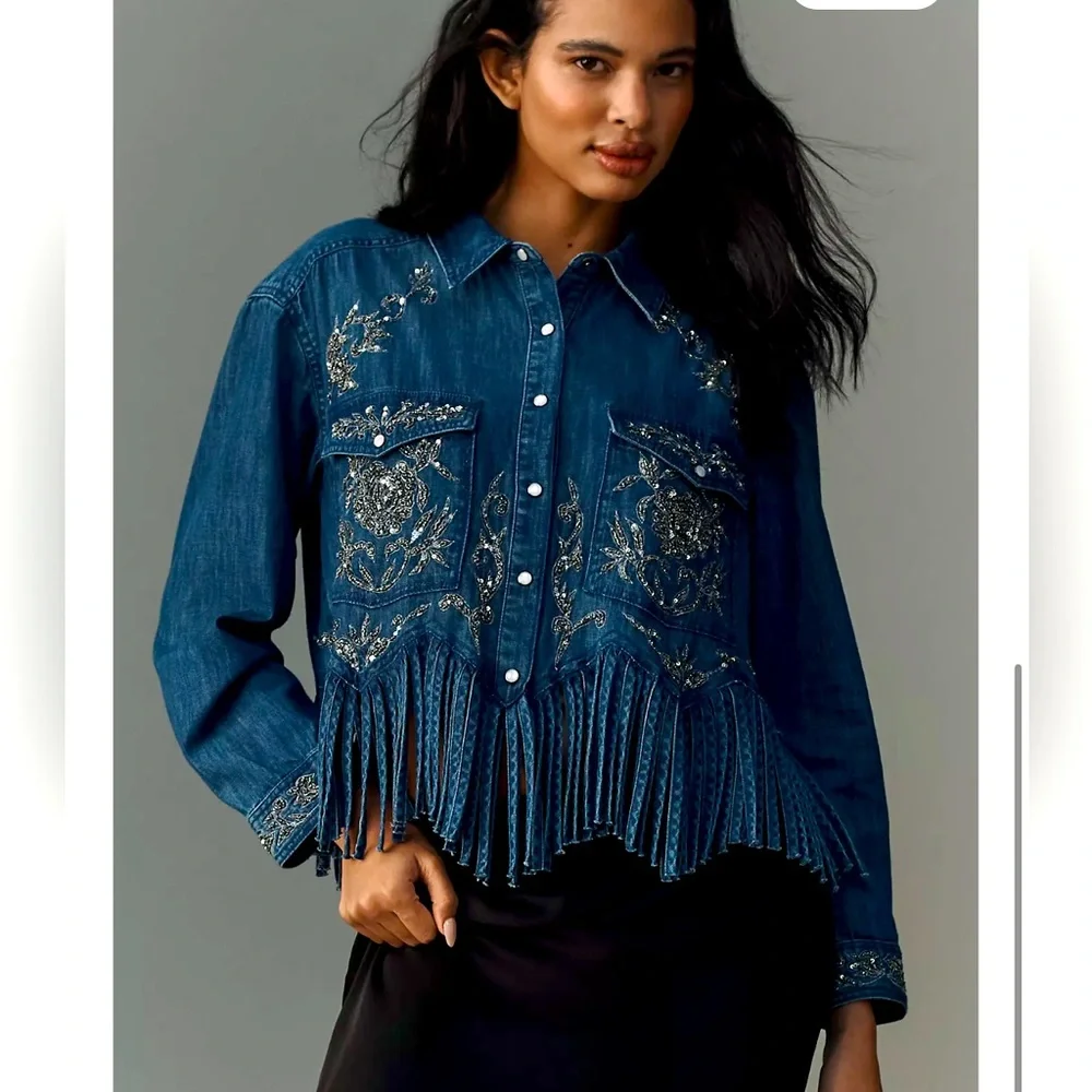 NWT Pilcro Denim Silver embellished Collar Button Down fringe bottom Shirt XXS - Picture 1 of 16